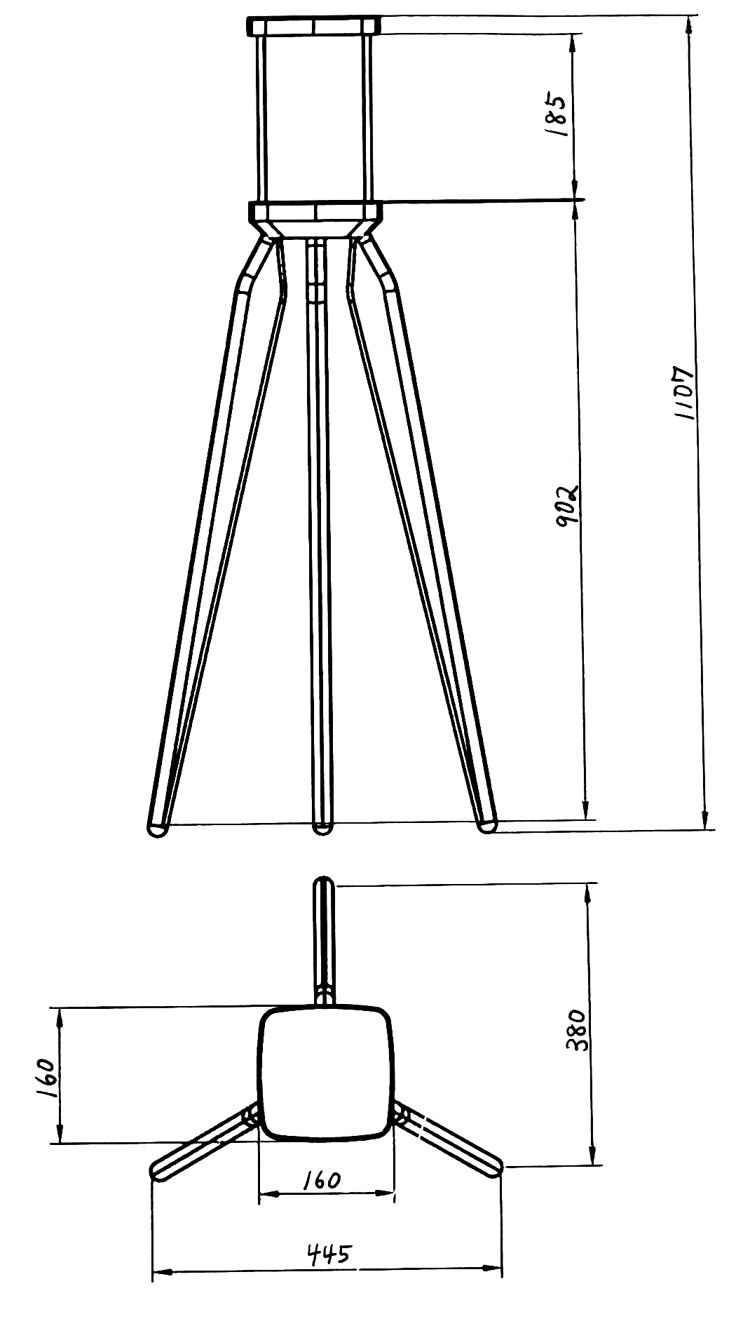 Measured drawing of the TOMORI speaker stand, side and top views